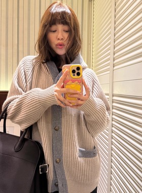 3ts秋冬灰色拼色慵懒风连帽毛衣10o%羊毛外套针织开衫女