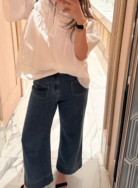 3ts口袋设计九分裤高腰水洗原色直筒牛仔裤烟管裤阔腿裤