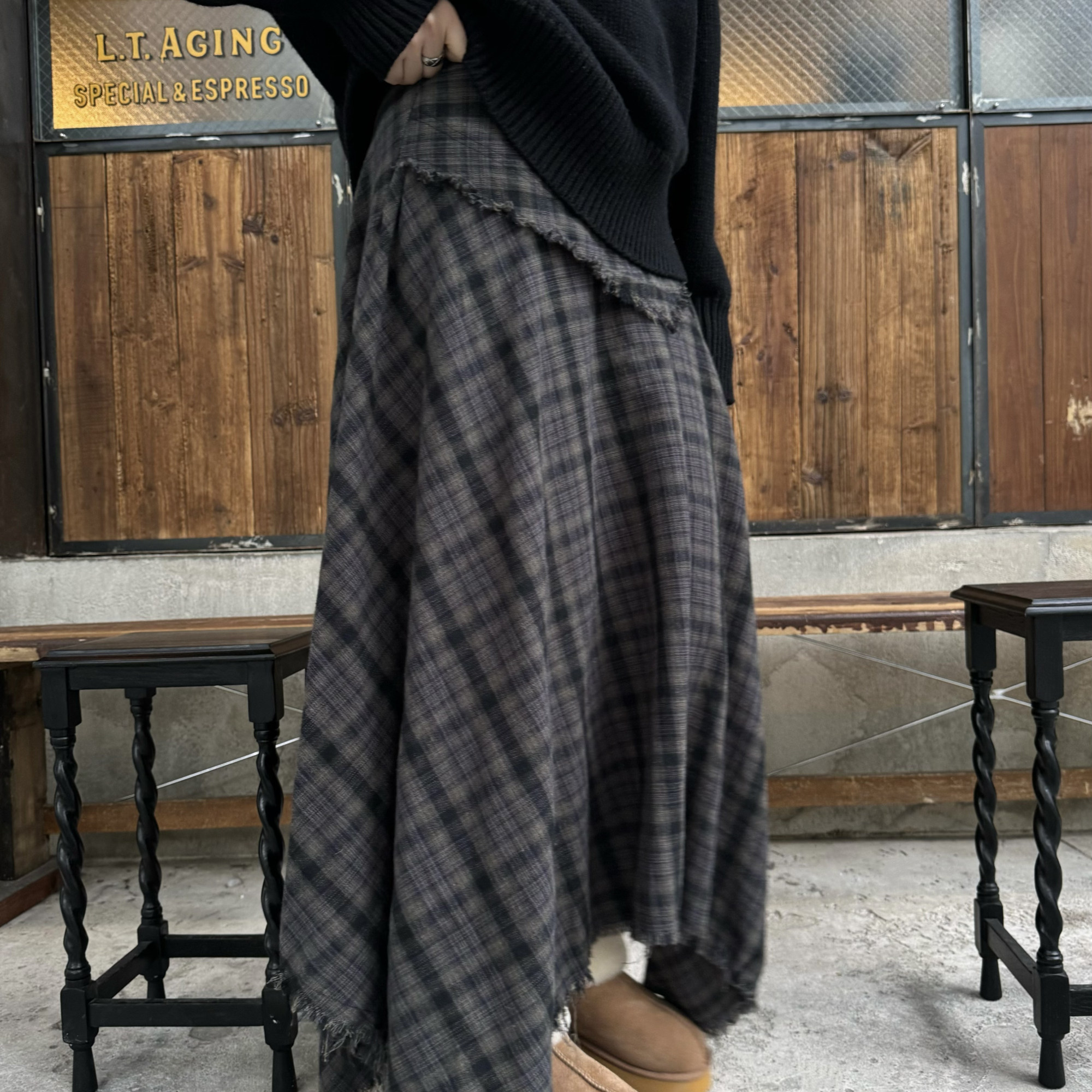 3ts 12/27 秋冬复古格纹不规则半裙不对称全棉格子半身裙A字裙