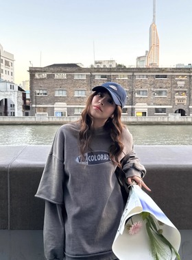 3ts 11/23 秋冬假两件长袖休闲字母水洗卫衣设计感宽松慵懒风上衣