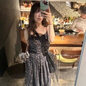 显瘦连衣裙收腰长款 3ts夏季 碎花吊带裙设计感V领雪纺长裙修身 裙子