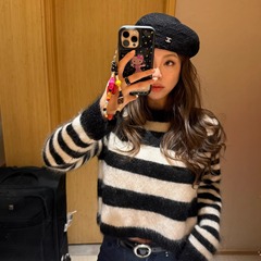 3ts 12/27 韩系宽黑白条纹羊毛套头毛衣女秋冬马海毛针织衫上衣