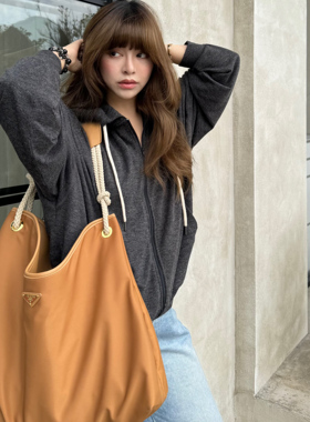 3ts美式深灰色拉链连帽廓形卫衣抽绳休闲宽松开衫外套