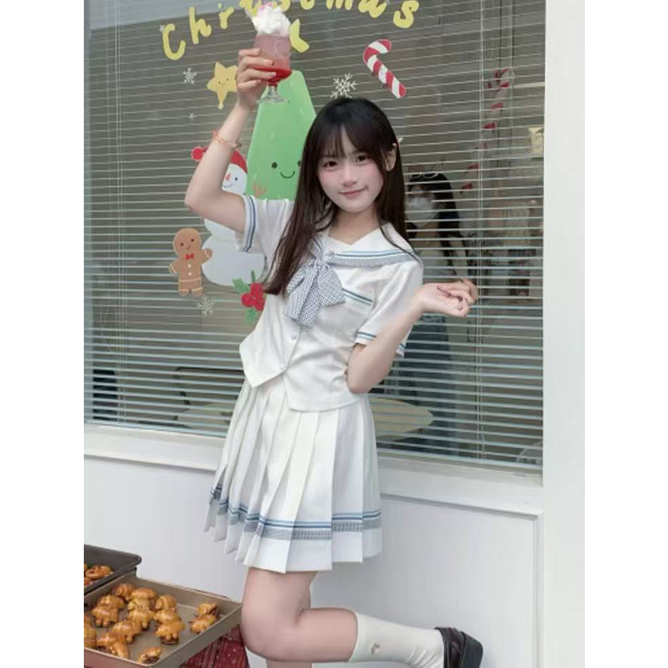 Mew现货 lulucake小栀收腰jk制服水手服日系套装白色学院短袖套装