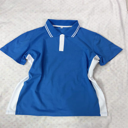 可定制中小学生四季校服 夏季湖蓝色拼接白色短袖翻领衫 校服半袖