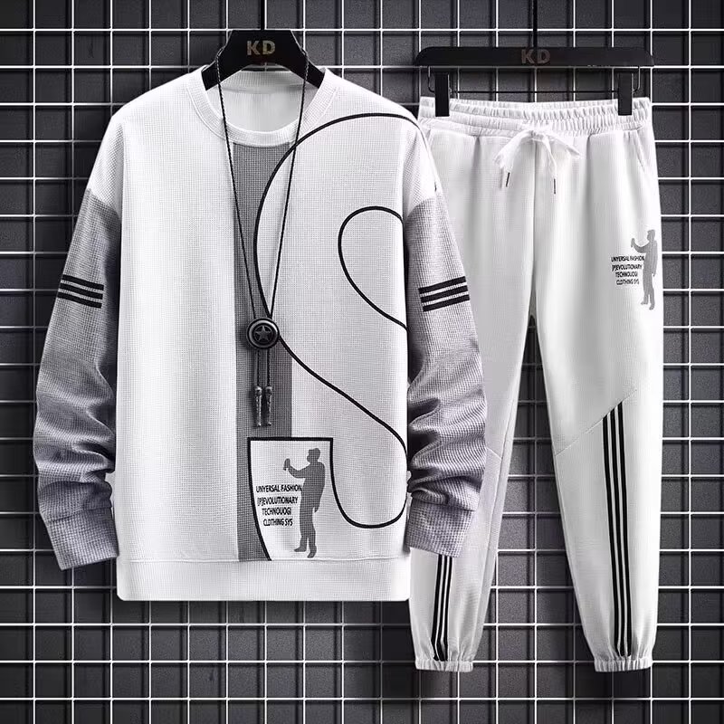 青年长袖秋季华夫格休闲卫衣套装