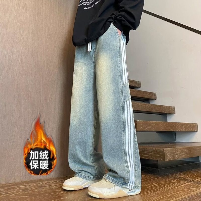 三杆条纹牛仔裤男加绒宽松直筒裤