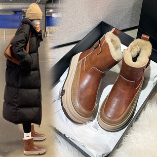 东北加绒真皮兔毛雪地靴女冬季厚底短靴防水防滑加厚休闲保暖棉鞋