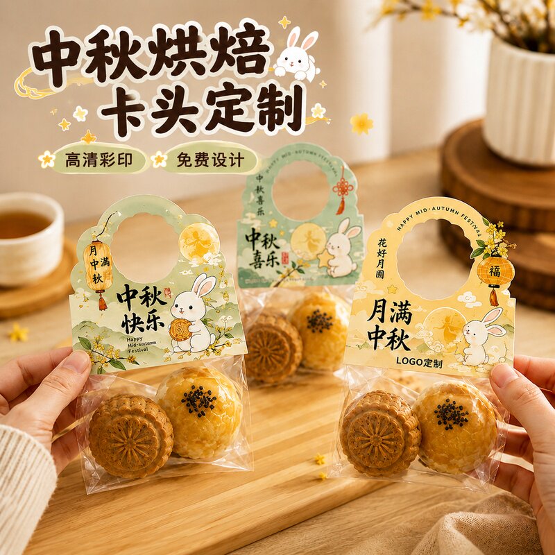 中秋节卡头定制diy自制月饼透明自封袋异形对折手提卡设计opp袋封口页眉蛋黄酥烘焙店打包袋硬卡纸订做打印刷
