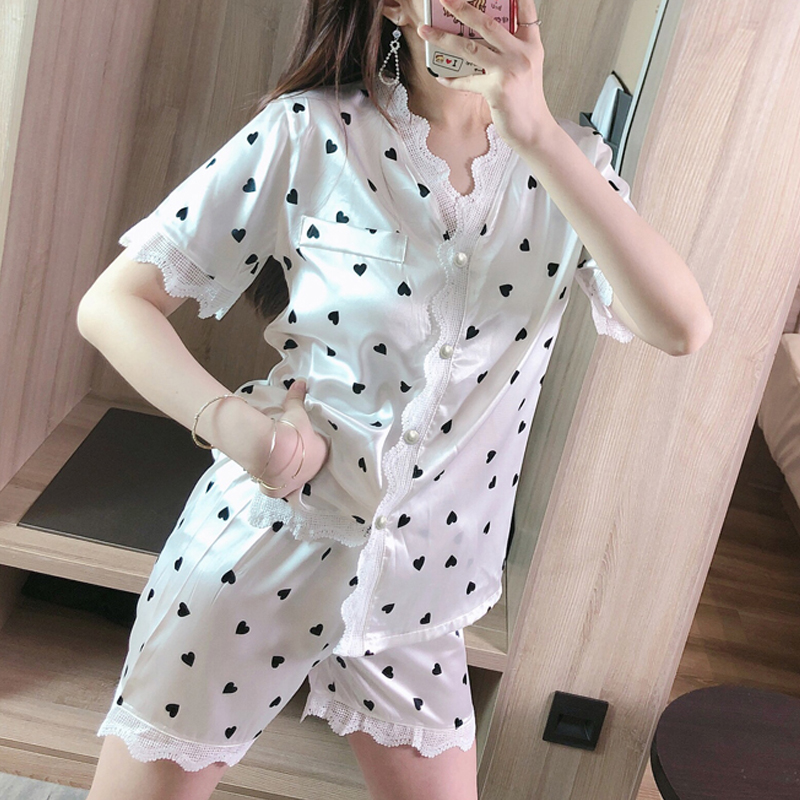 ins女夏款冰丝短袖V领家居服套装