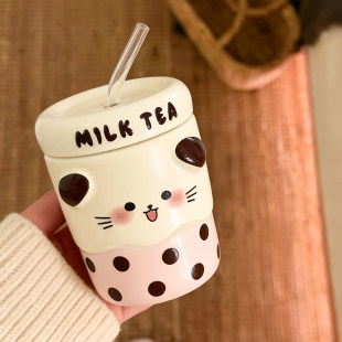奶茶猫咪陶瓷马克杯大容量早餐牛奶杯带盖带吸管情侣杯水杯送礼物