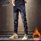 男士 潮牌休闲工装 2025冬季 JEEP黑色加绒牛仔裤 新款 直筒修身 长裤 子