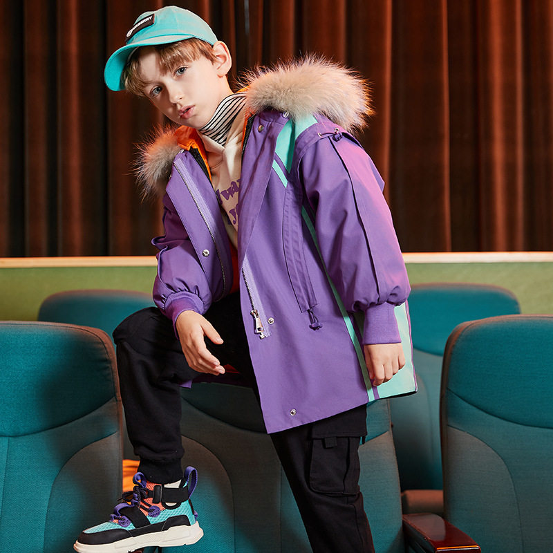 男童羽绒服中长款洋气拼色羽绒夹克中大童保暖冬装两件套