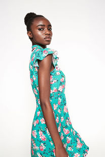 外贸单springfield莱卡显瘦满印碎花连衣裙 小翻领门襟收腰露背裙