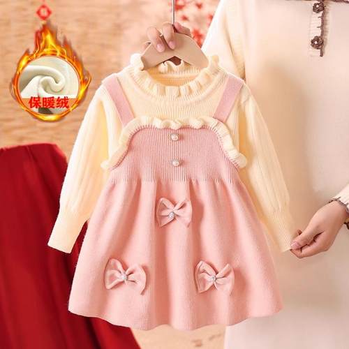 女童针织连衣裙蝴蝶结毛衣裙