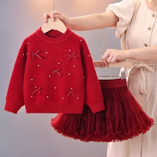 女童秋冬套装红色毛衣tutu裙两件套新年衣服小公主洋气冬装过年服