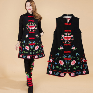 中老年春秋女装马甲中长款棉麻唐装马甲刺绣花背心马夹妈妈装外套