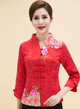 七分袖刺绣汉服民族风修身妈妈装