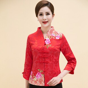 中老年女夏七分袖刺绣上衣棉麻唐装汉服衬衫民族风绣花修身妈妈装