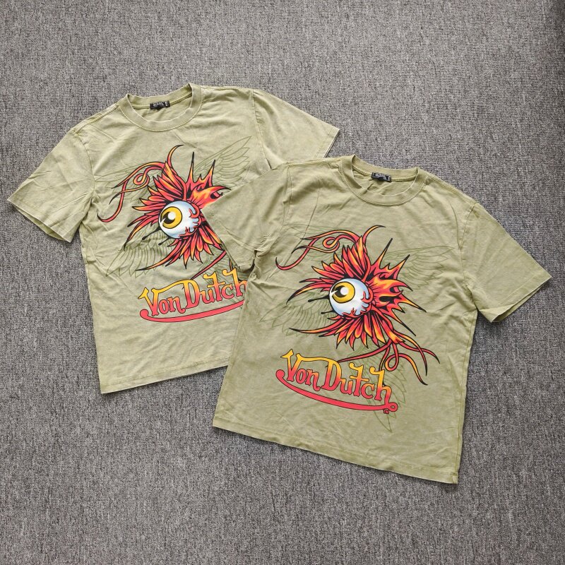 外贸    夏季水洗凡达驰纯棉短袖美式恶魔之眼休闲宽松T恤男女