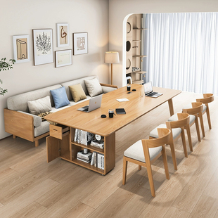 简约客厅实木大长书桌书架一体家用双人学习桌写字桌书法桌工作台