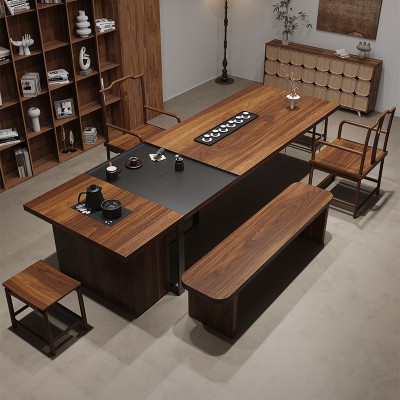 南美胡桃木茶桌椅组合实木大板茶台茶盘一体客厅办公室接待泡茶桌