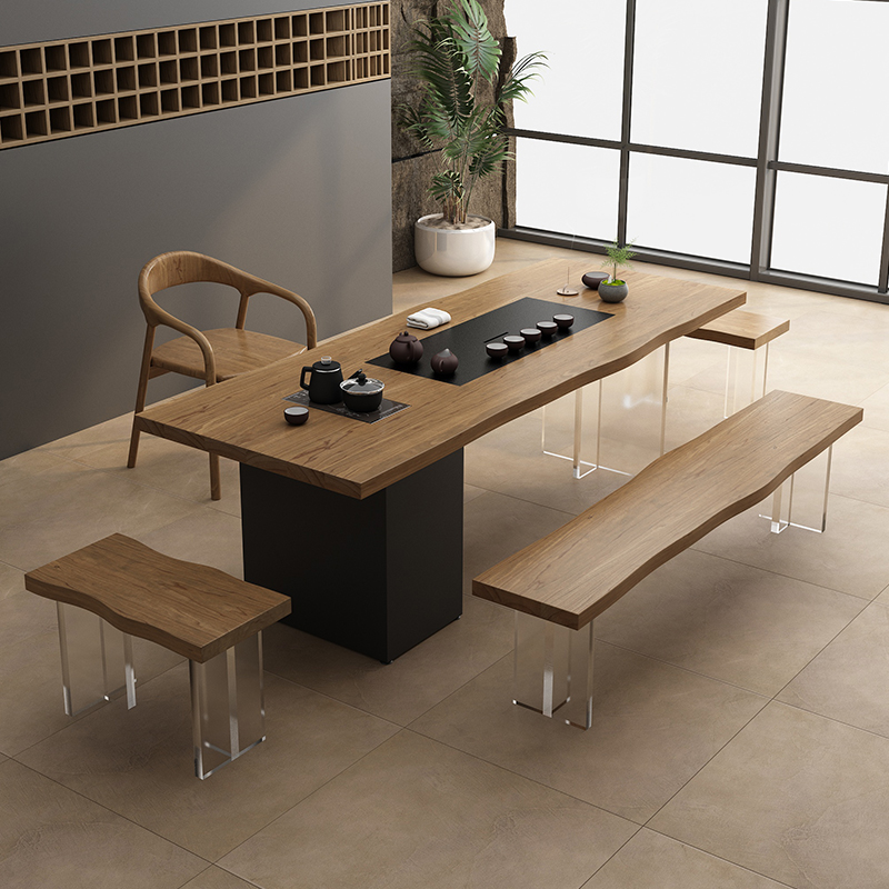 实木茶桌椅组合压克力茶盘茶台一体简约办公室客厅泡茶桌功夫茶几