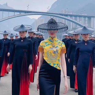 春三月古风帽子镂空斗笠舞蹈斗笠竹帽白色走秀吊珠流苏斗笠浔山行