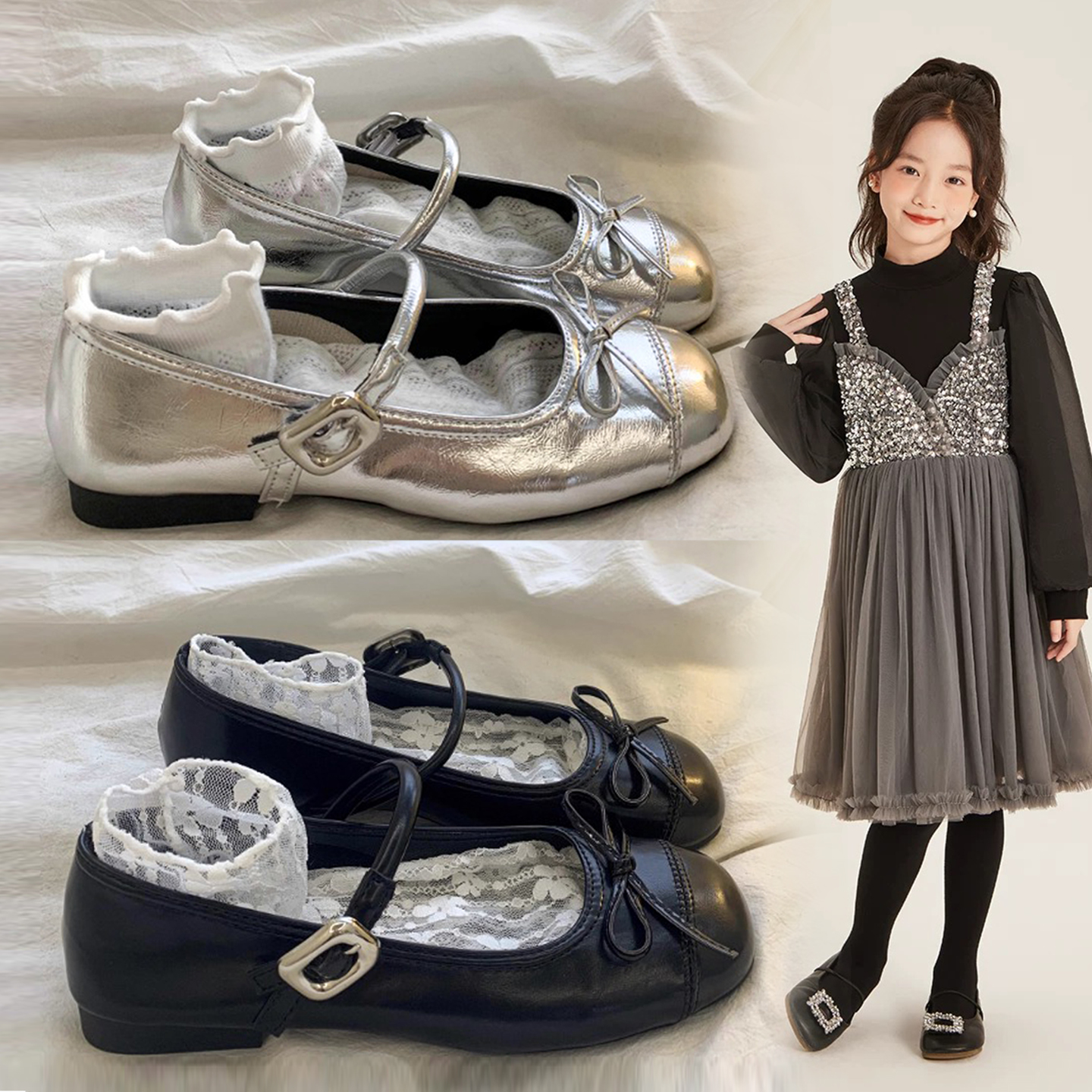 中大童玛丽珍公主鞋银色表演单鞋