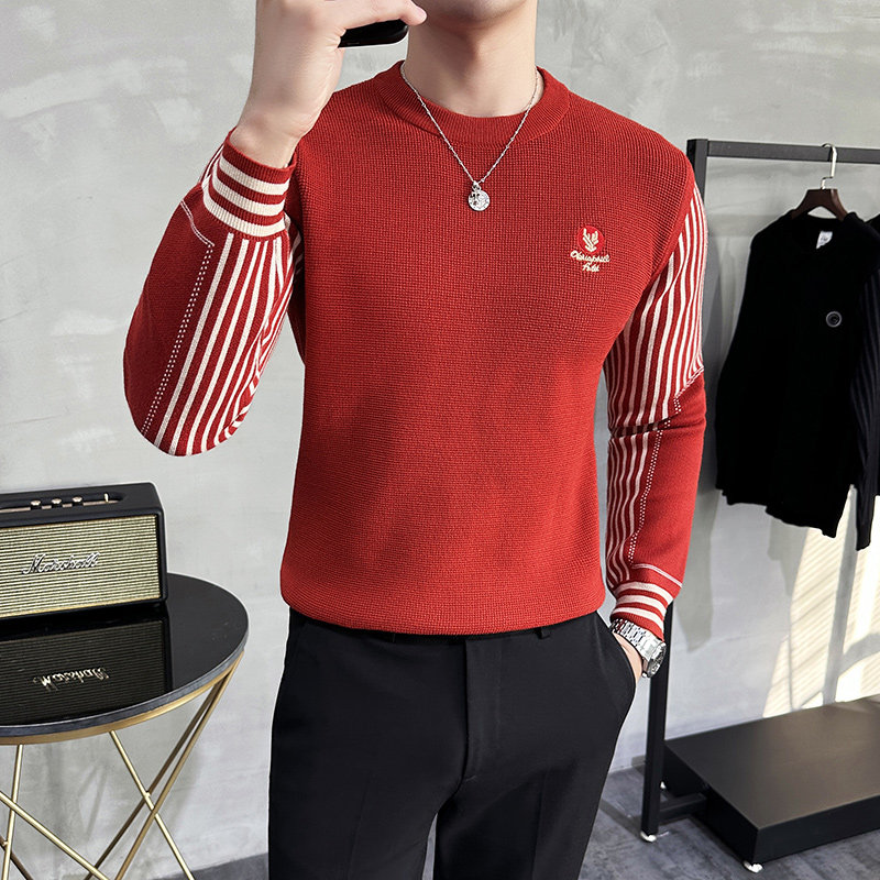 秋冬男士毛衣圆领加厚针织毛衣拼接套头毛衣A233-S3826-P68红色，男装针织衫/毛衣，星座419（原A233）