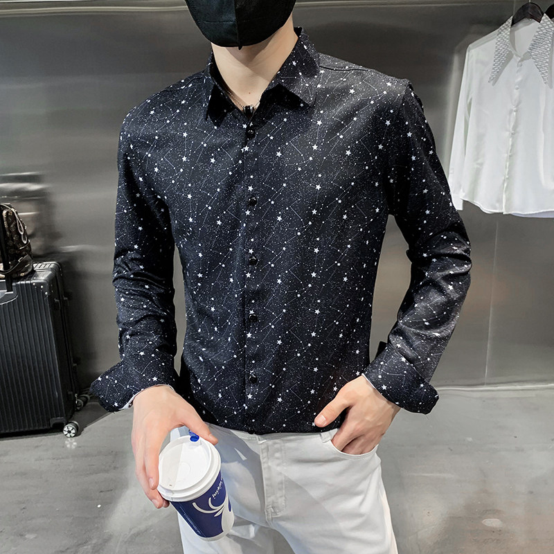 四季款男印花长袖衬衫社会风个性衬衣修身款衬衣H723,男装衬衫,星座419（原A233）