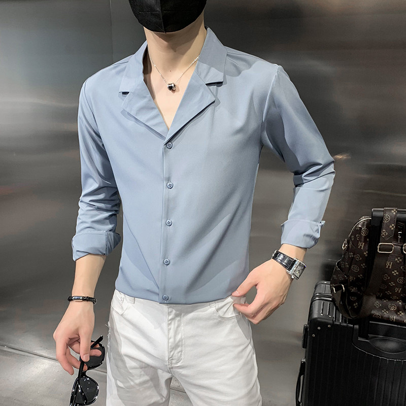 四季款男纯色长袖衬衫社会风西装领衬衣修身款个性V领衬H698特P35,男装西服套装,星座419（原A233）