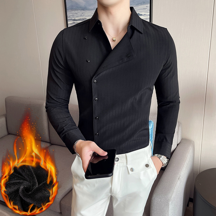 秋冬男士加绒衬衫英伦休闲保暖衬衣个性偏门襟衬衫A233-HK04-P68，男装衬衫，星座419（原A233）