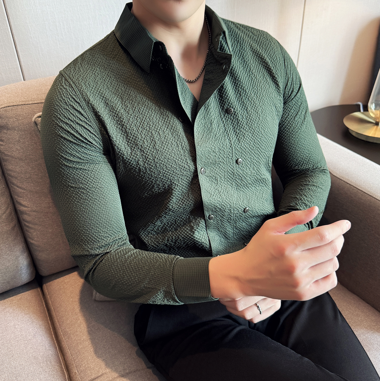 男士四季款长袖衬衫~个性款双排扣衬衫~高级感衬衣419-DC101-P65，男装衬衫，星座419（原A233）