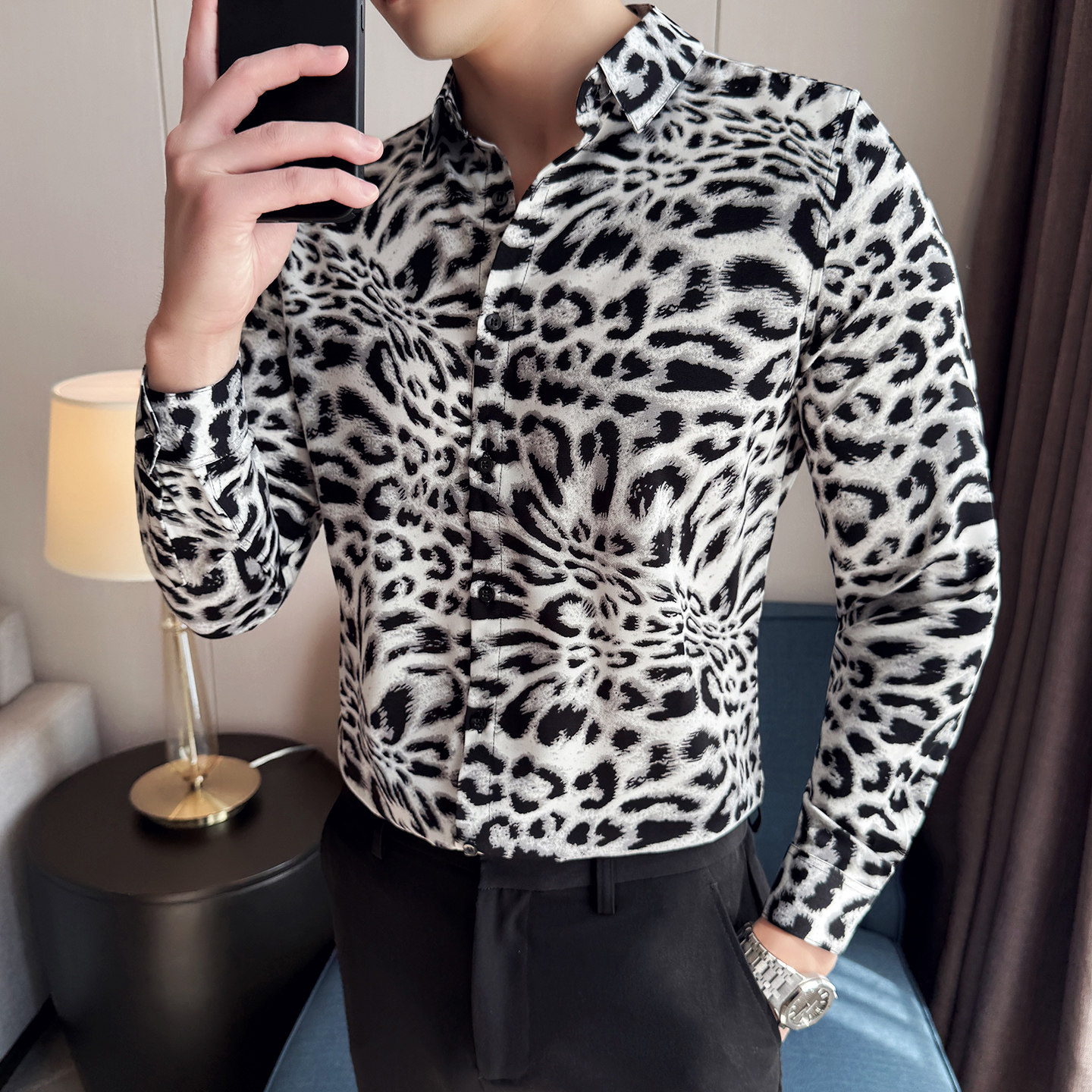 男士四季款长袖衬衫~个性豹纹花衬衫~潮流衬衣XZ419-DC103-P59,男装衬衫,星座419（原A233）