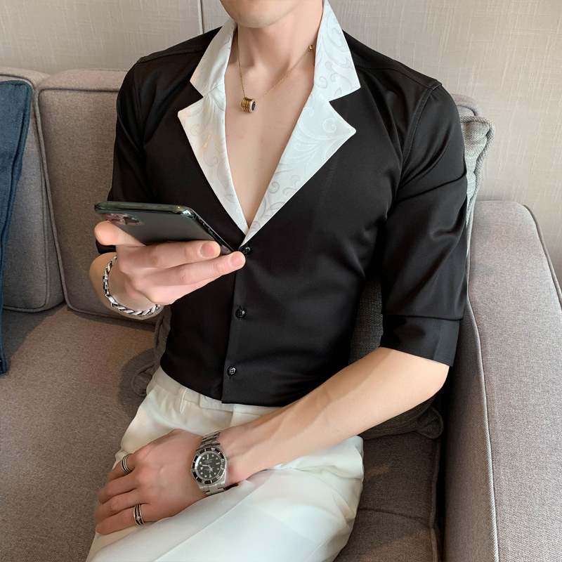 2025春夏男中袖衬衫英伦风个性衬衣修身款拼接潮男款H752-P55控75，男装衬衫，星座419（原A233）