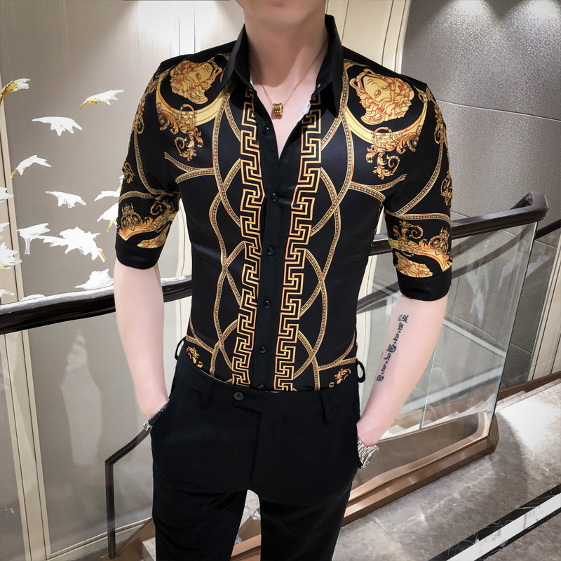 2021春夏男衬衫中袖个性衬衣青年商务衬衫潮流花衬衫时尚D587-P55图片