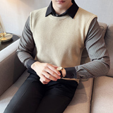 秋冬男士毛衣假两件针织毛衣打底衫拼接条纹袖翻领毛衣S2323-P80，男装T恤，星座419（原A233）