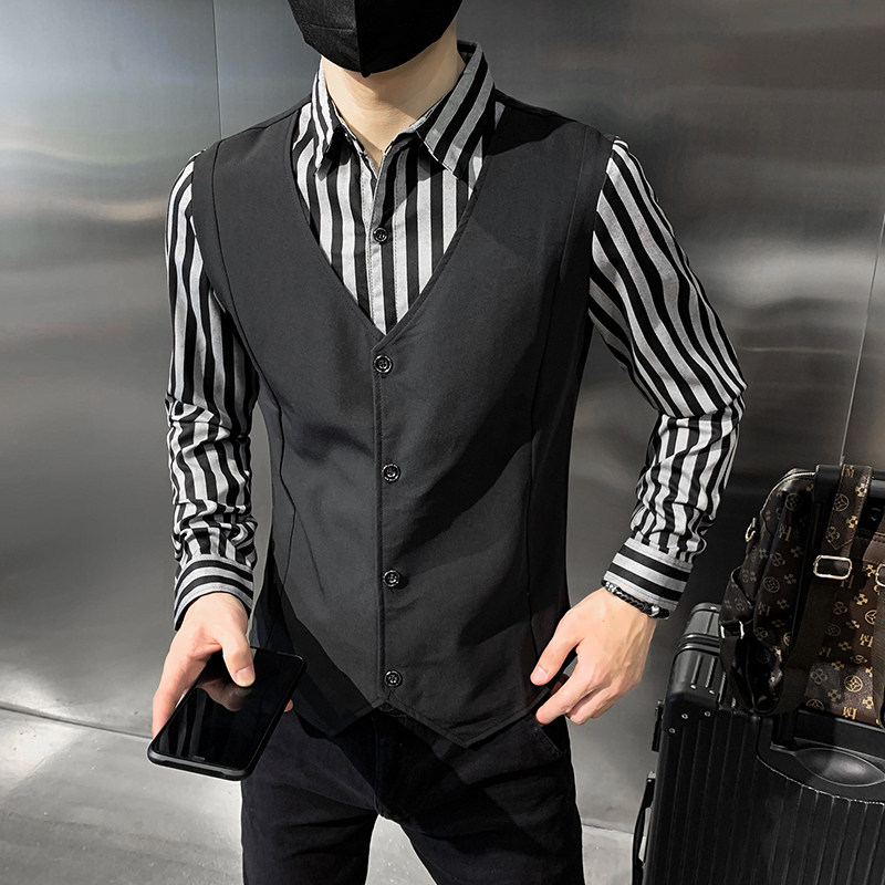 假两件马甲衬衫男长袖衬衫社会风个性衬衣潮工作服 H895图片