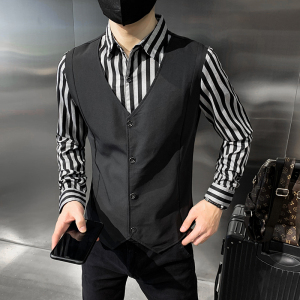 假两件马甲衬衫男长袖衬衫社会风个性衬衣潮工作服 H895图片