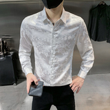 四季款男纯色长袖衬衫社会风个性衬衣修身款印花衬常年款BF05-P55，男装衬衫，星座419（原A233）