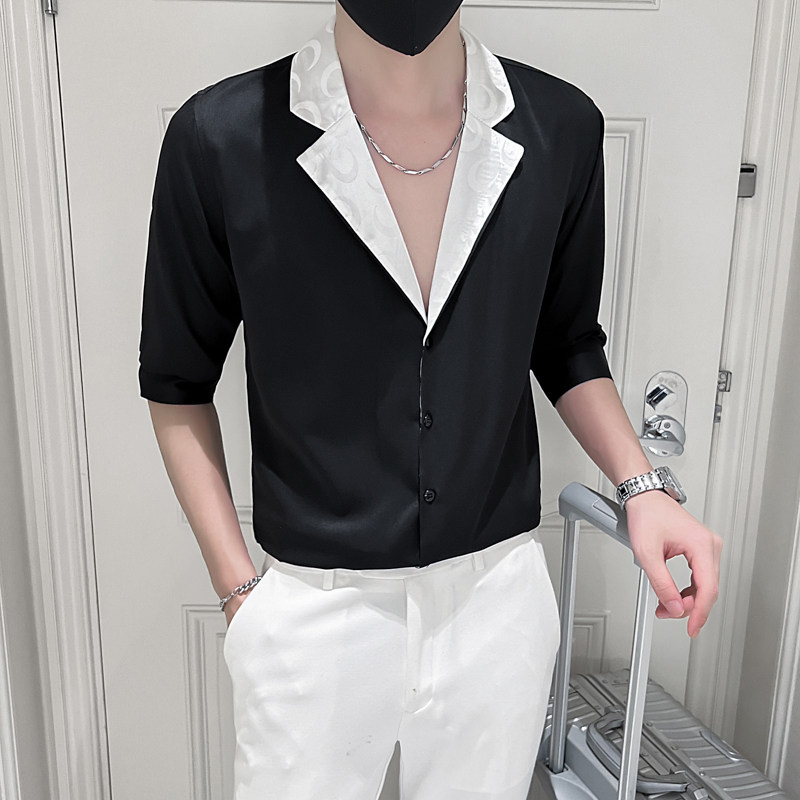 2025春夏男中袖衬衫社会风潮流拼接衬衣个性西装领H752-P55控75,男装西服套装,星座419（原A233）