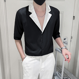 2025春夏男中袖衬衫社会风潮流拼接衬衣个性西装领H752-P55控75，男装西服套装，星座419（原A233）