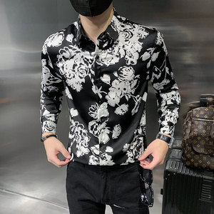 四季款男长袖衬衫社会风个性衬衣修身款印花衬常年款BF11图片
