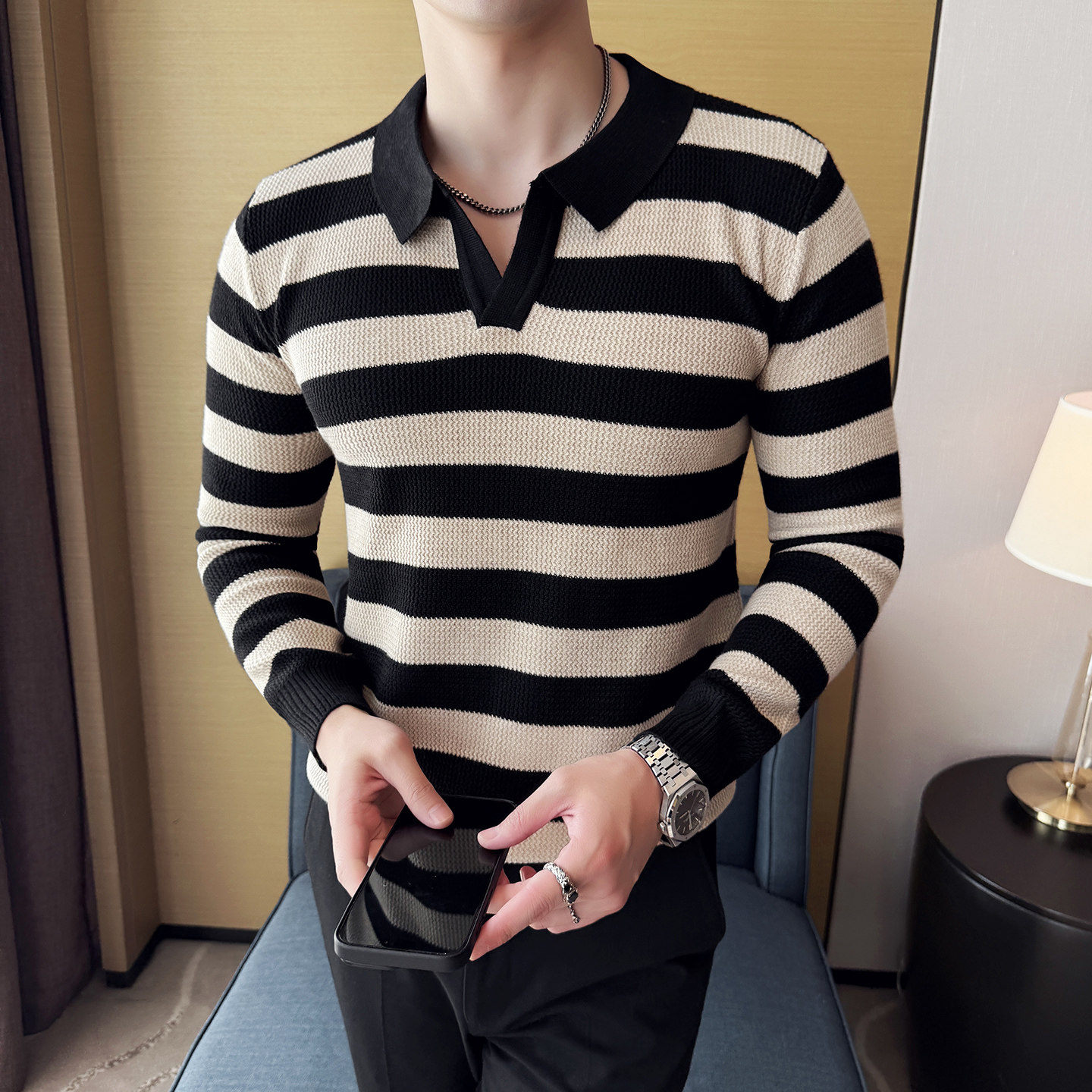 男士秋冬翻领毛衣~潮流撞色条纹毛衣~小V领针织衫419-S98002-P55,男装针织衫/毛衣,星座419（原A233）