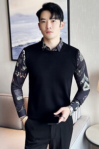 秋冬男士毛衣假两件针织毛衣打底衫拼接彩色袖翻领毛衣S1007-P95图片