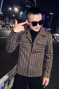 网红外套男秋冬呢料夹克男上衣韩版短款条纹呢料A068-QK806-P125图片