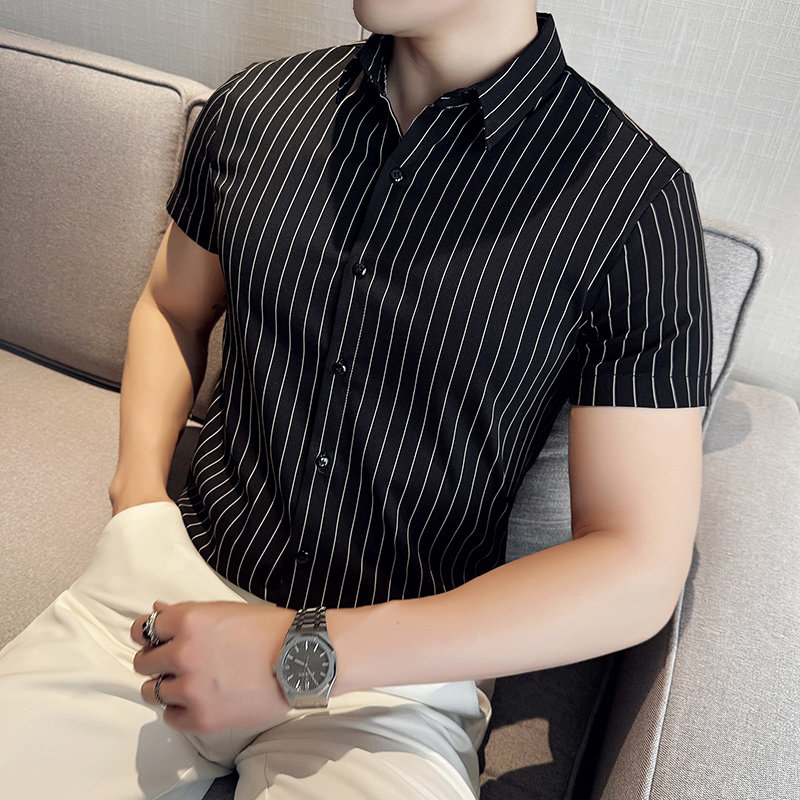 春夏短袖衬衫男高级感英伦休闲衬衣经典条纹短袖衬衫DJ02-P60,男装衬衫,星座419（原A233）