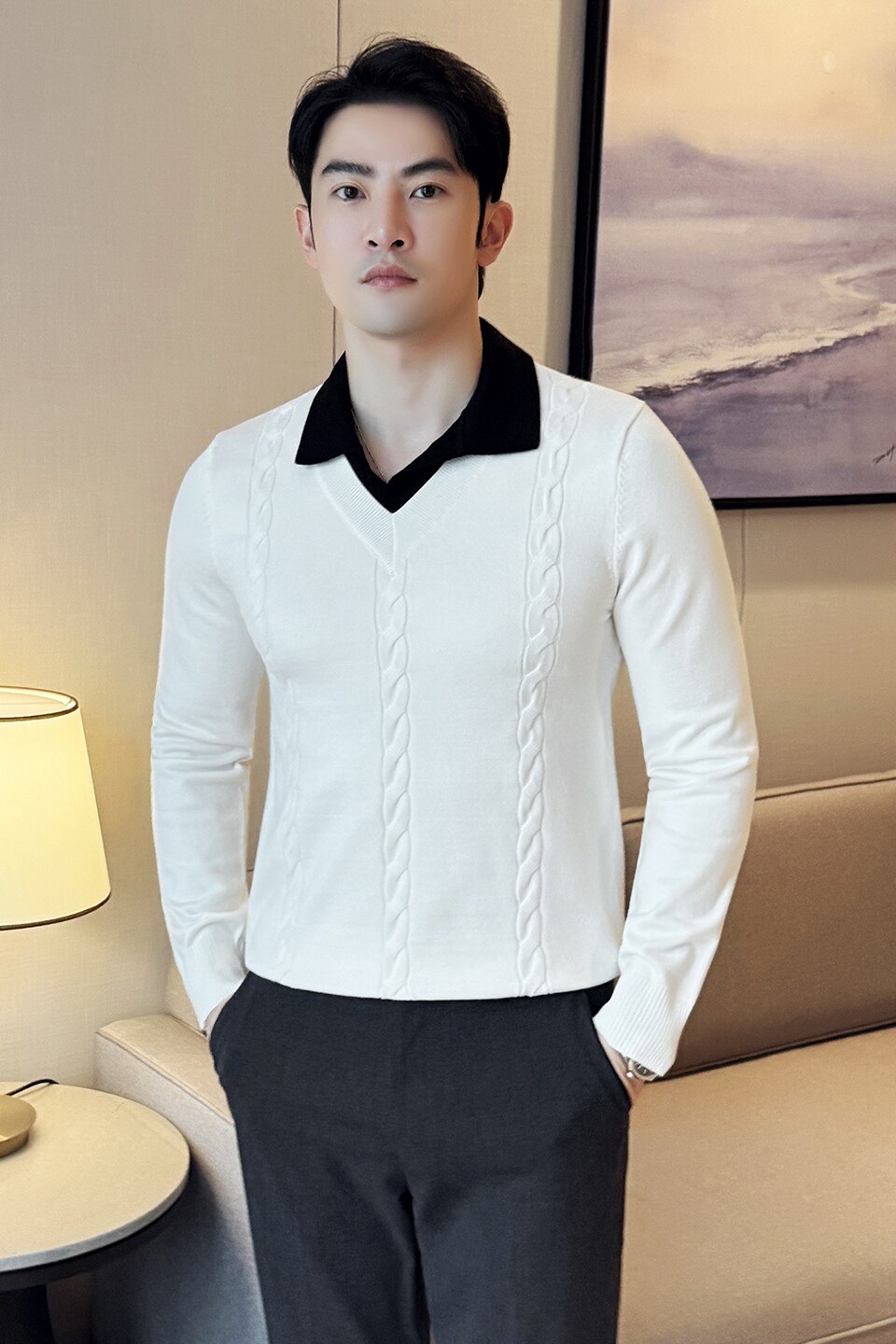 秋冬男士毛衣假两件针织毛衣打底衫撞色衬衫领翻领毛衣S3322-P75,男装T恤,星座419（原A233）