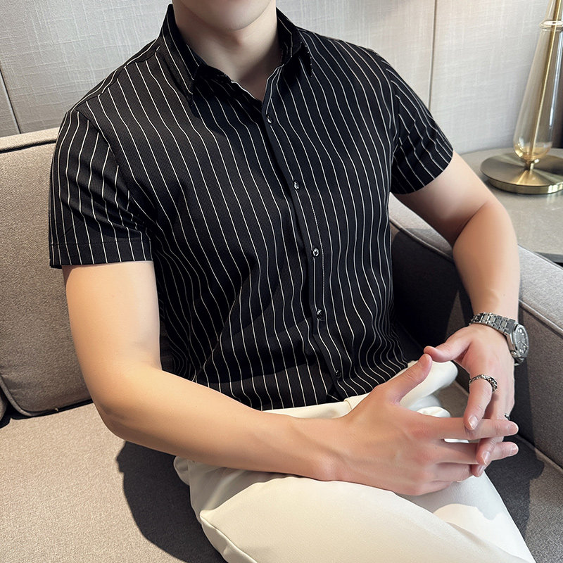 春夏短袖衬衫男高级感英伦休闲衬衣条纹短袖衬衫A233-DJ02-P60，男装T恤，星座419（原A233）